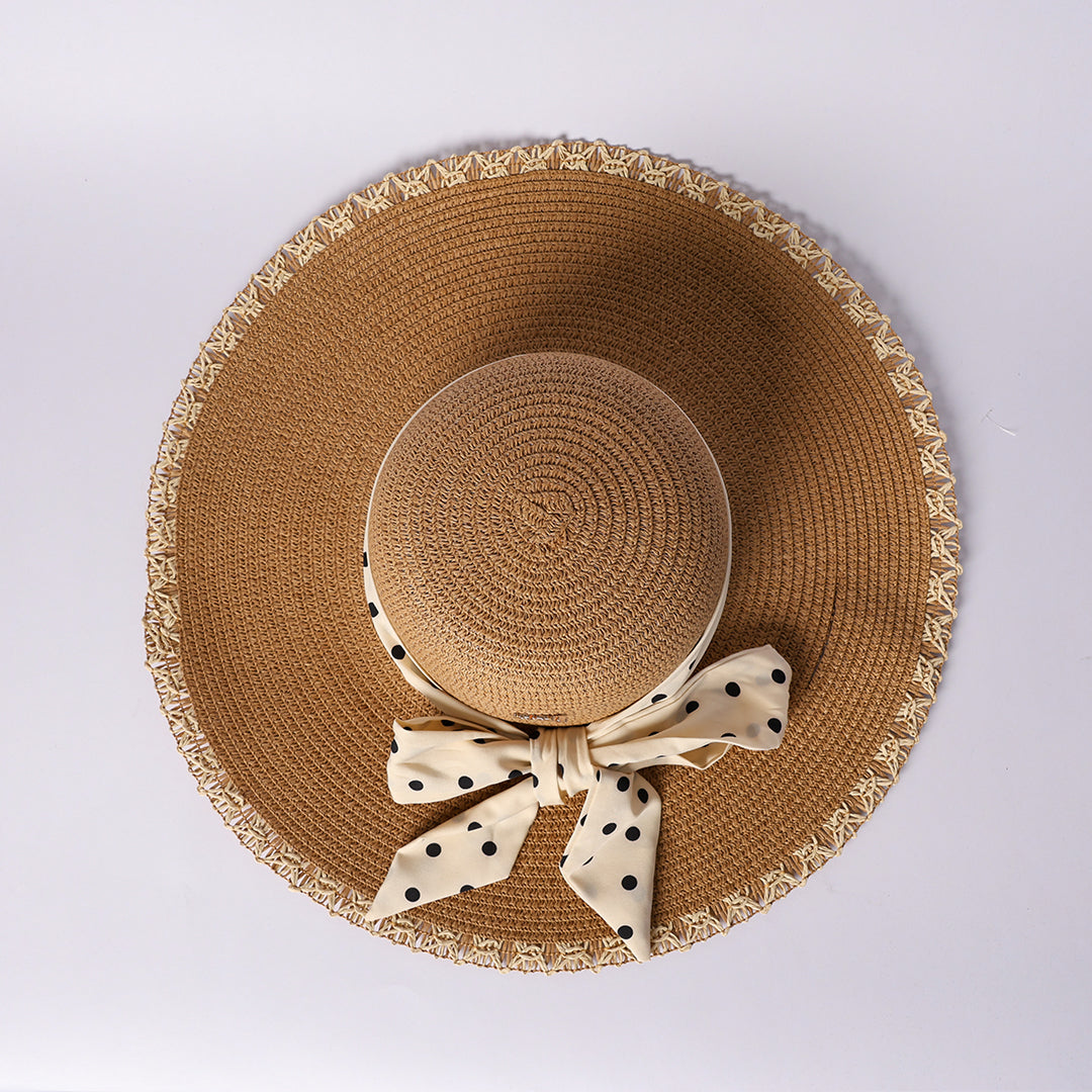 LADIES CIARRA CAMEL STRAW SUN HAT (POLKA DOT FABRIC TIE