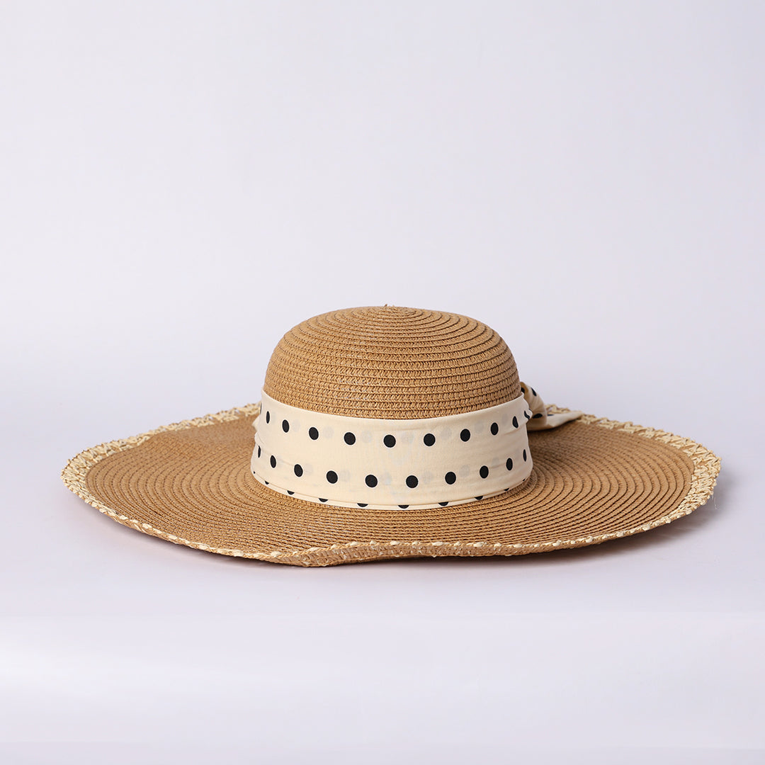 LADIES CIARRA CAMEL STRAW SUN HAT (POLKA DOT FABRIC TIE