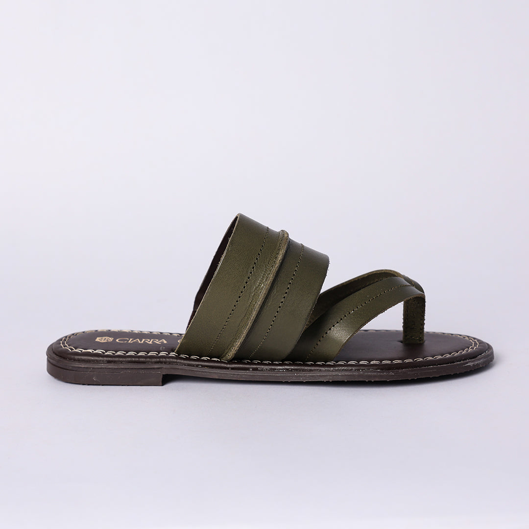 LADIES CIARRA OLIVE LEATHER PUSH IN THONG SANDAL (RAW STITCH)