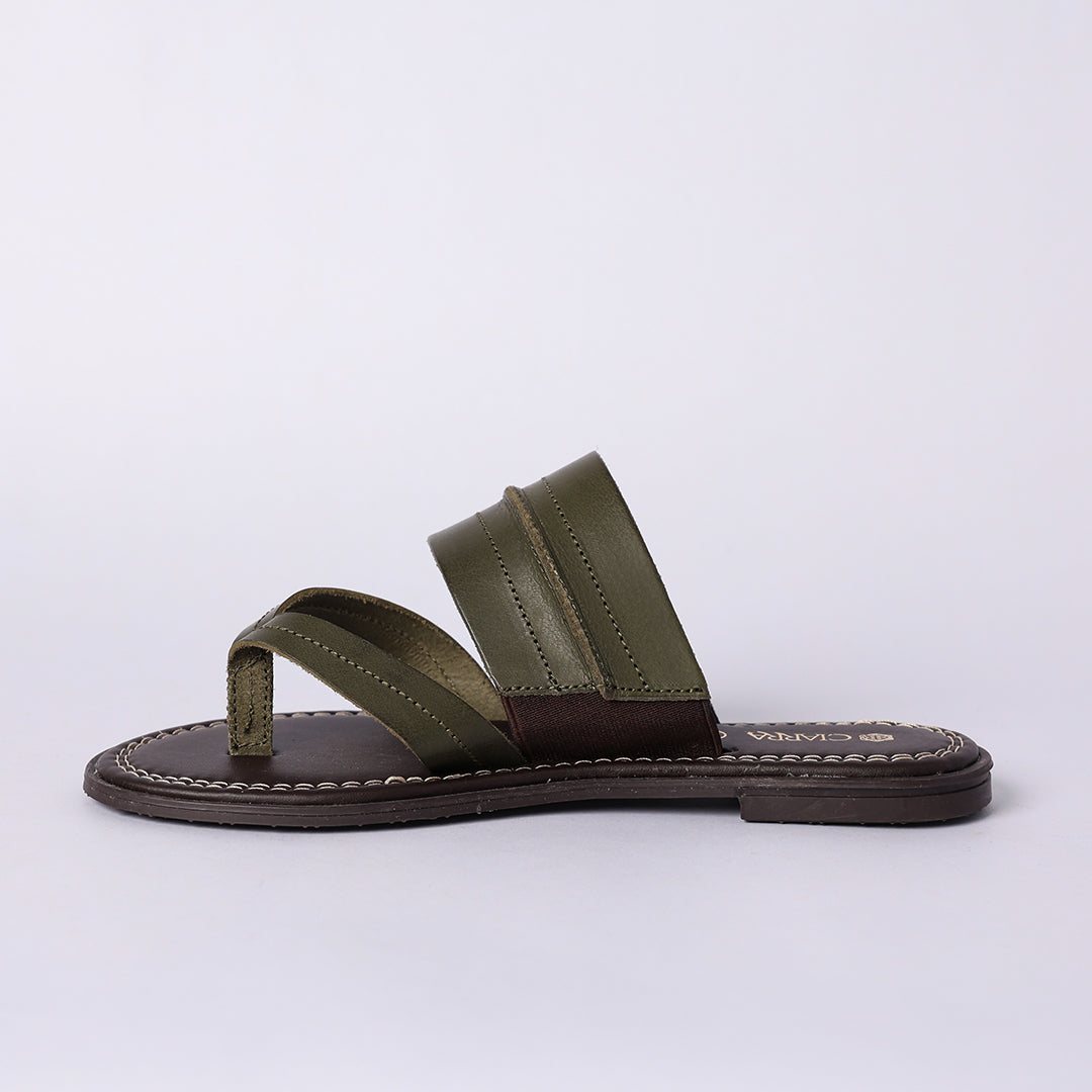 LADIES CIARRA OLIVE LEATHER PUSH IN THONG SANDAL (RAW STITCH)