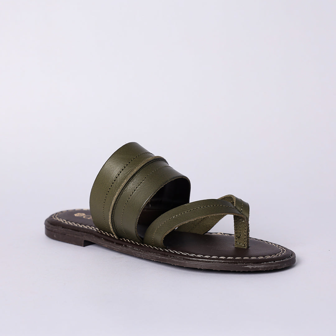 LADIES CIARRA OLIVE LEATHER PUSH IN THONG SANDAL (RAW STITCH)