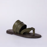 LADIES CIARRA OLIVE LEATHER PUSH IN THONG SANDAL (RAW STITCH)