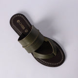 LADIES CIARRA OLIVE LEATHER PUSH IN THONG SANDAL (RAW STITCH)