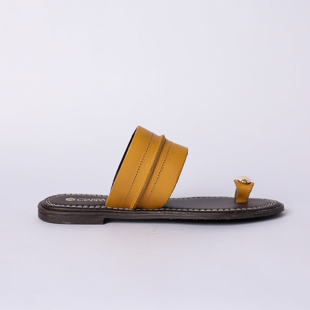 LADIES CIARRA OCHRE LEATHER TOE PUSH IN SANDAL (RAW STITCH)