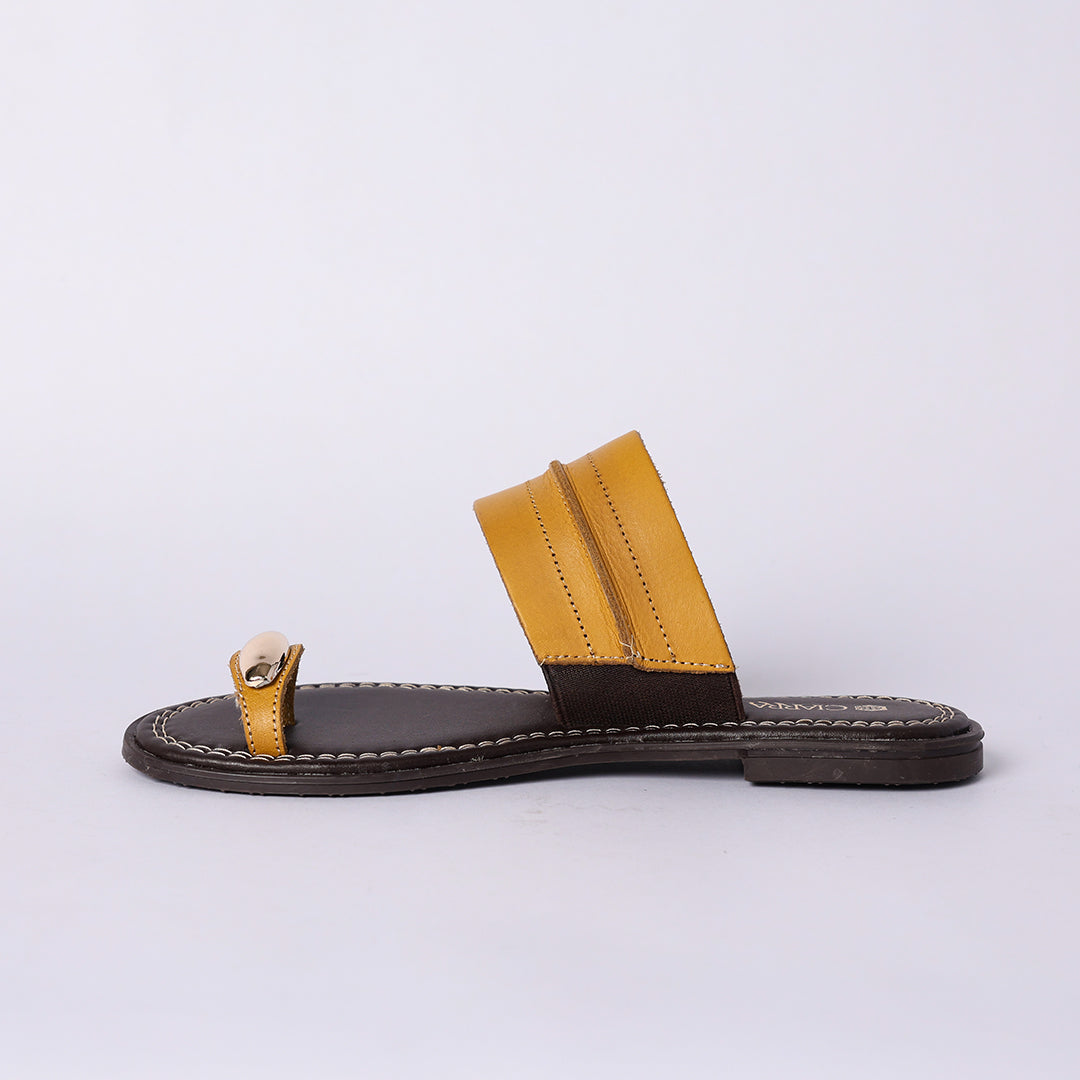 LADIES CIARRA OCHRE LEATHER TOE PUSH IN SANDAL (RAW STITCH)
