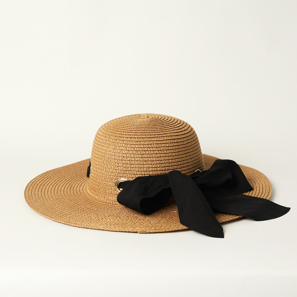 LADIES CIARRA CAMEL STRAW SUN HAT (BLACK TIE UP DETAIL