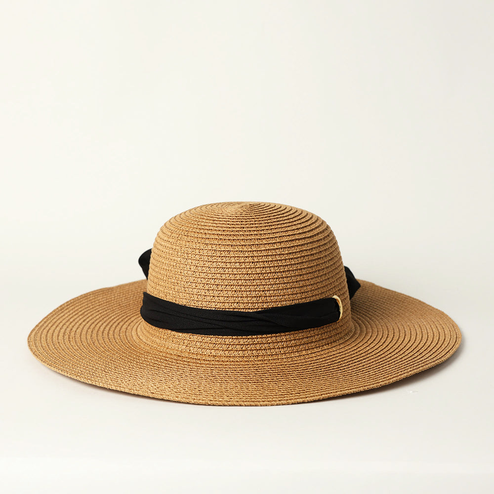LADIES CIARRA CAMEL STRAW SUN HAT (BLACK TIE UP DETAIL