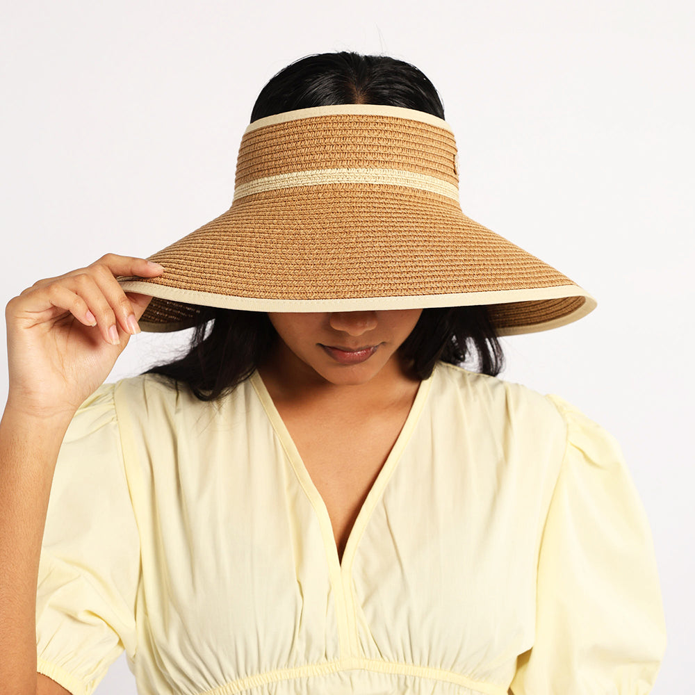 LADIES NOVA CAMEL &amp; BEIGE VISOR STRAW SUN HAT