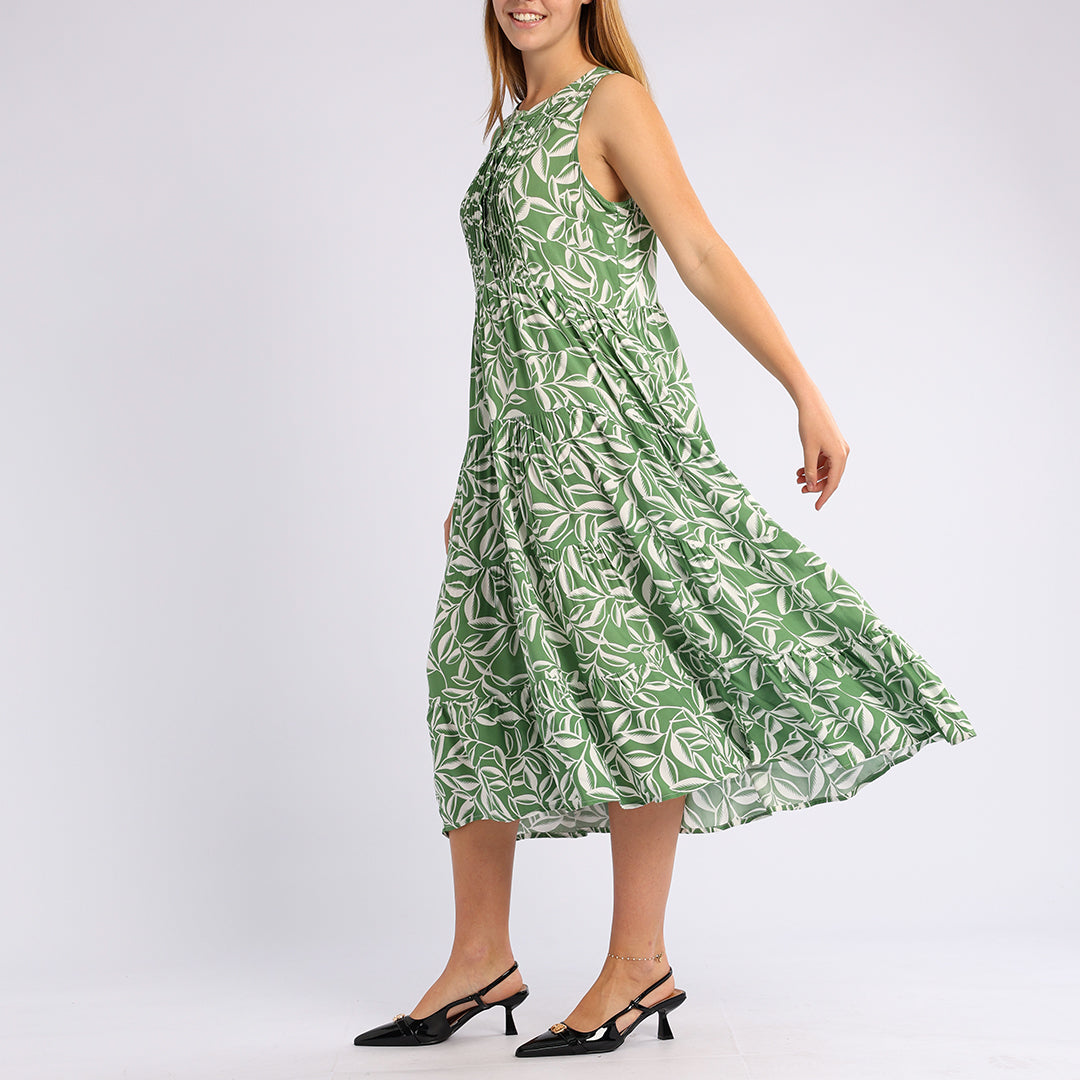 GREEN FLORAL SHORT SLEEVE DRESS