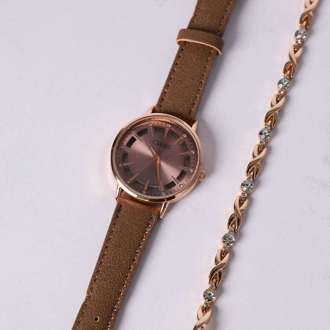 LADIES CIARRA MOCHA PU WATCH WITH BRACELET (ROUND R/G FRAME