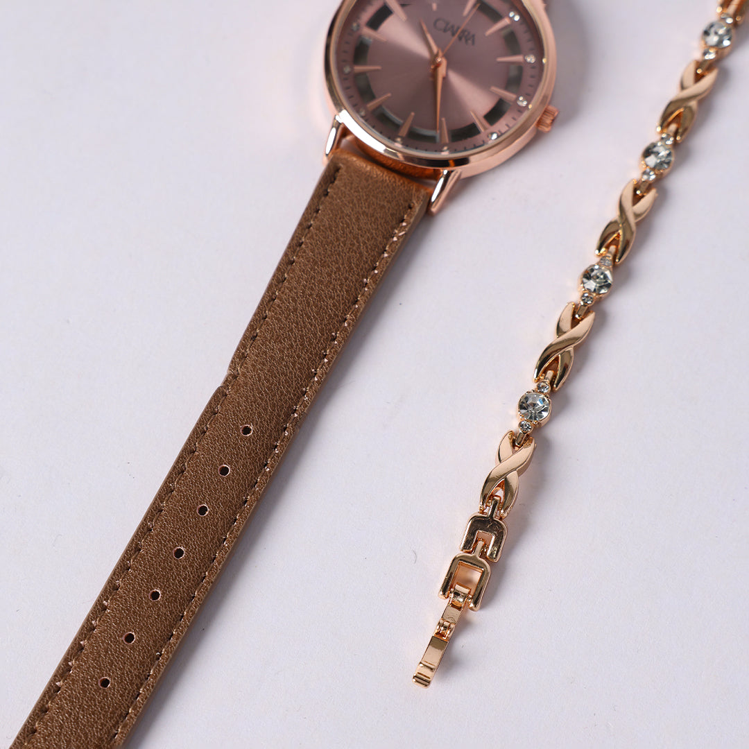 LADIES CIARRA MOCHA PU WATCH WITH BRACELET (ROUND R/G FRAME