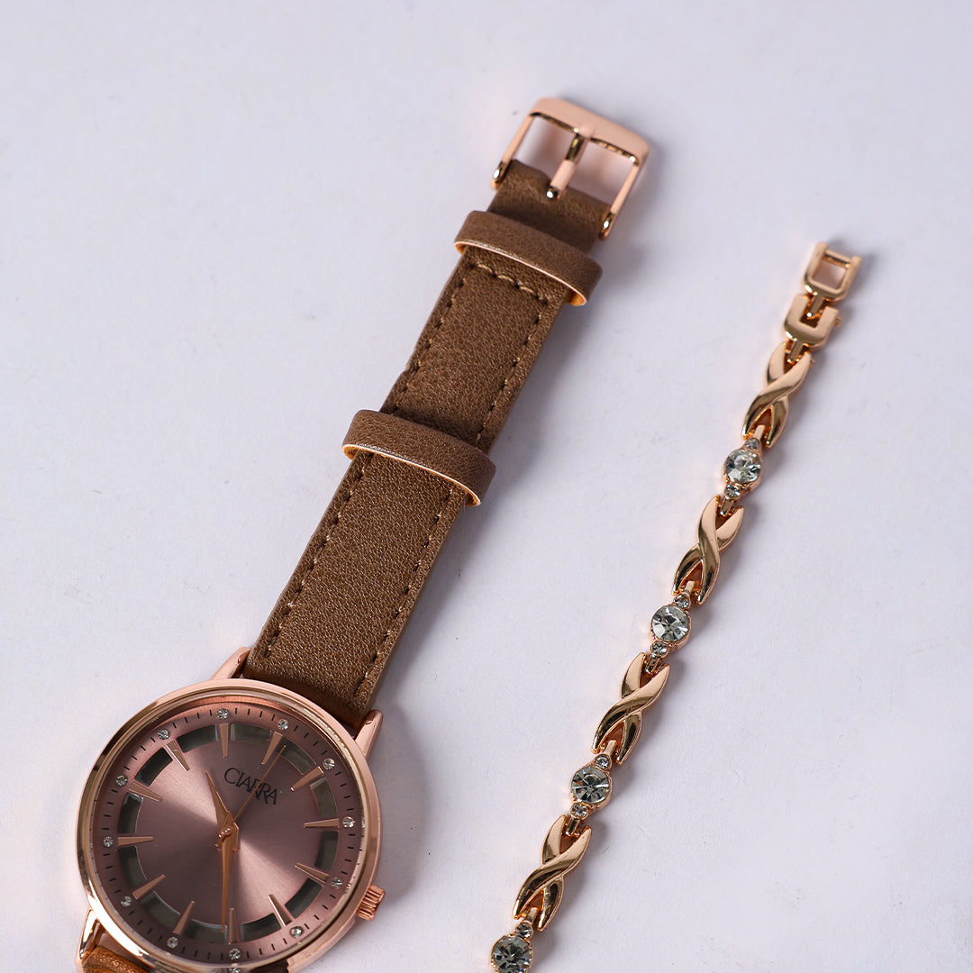 LADIES CIARRA MOCHA PU WATCH WITH BRACELET (ROUND R/G FRAME