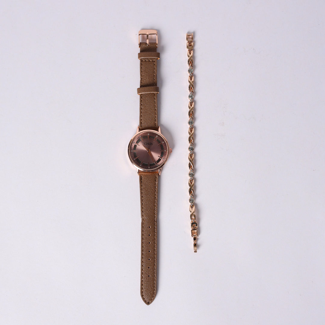 LADIES CIARRA MOCHA PU WATCH WITH BRACELET (ROUND R/G FRAME
