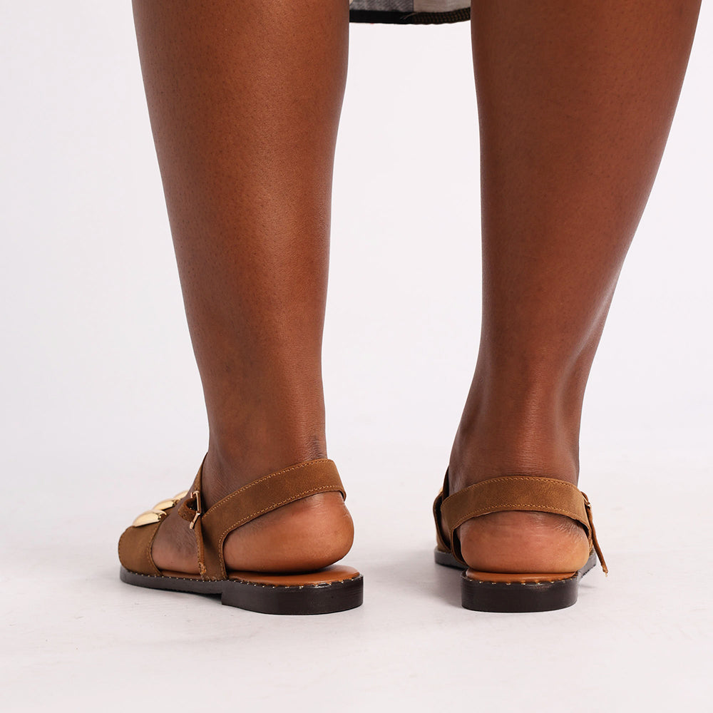 LADIES CIARRA TAN PU STRAPPY SANDAL (RANDED OUTSOLE)
