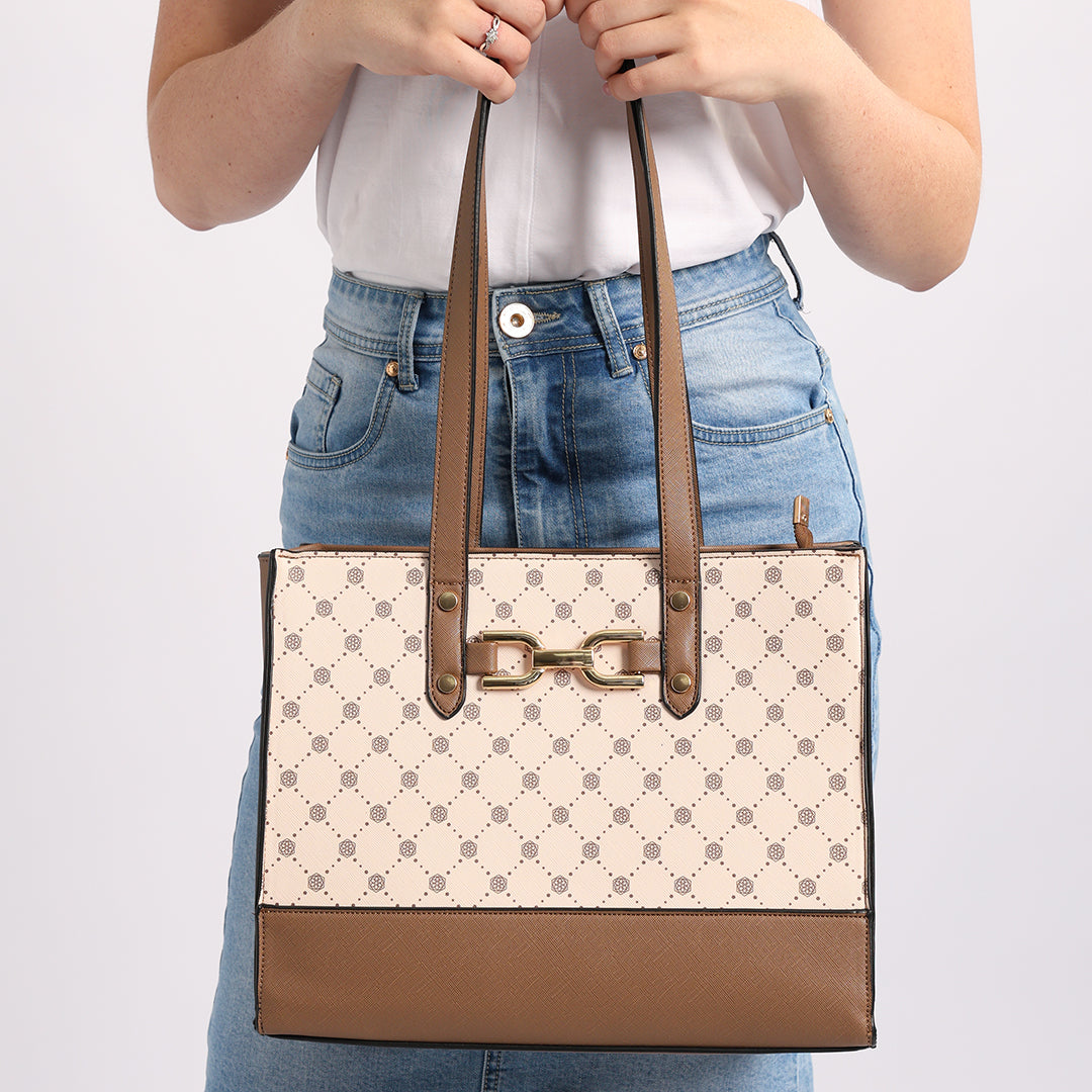 LADIES CIARRA STONE &amp; BROWN MONOGRAM TOTE BAG