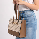 LADIES CIARRA STONE &amp; BROWN MONOGRAM TOTE BAG