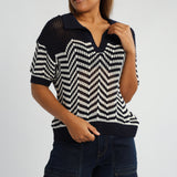 NAVY/WHITE SHORT SLEEVE CROCHET TOP