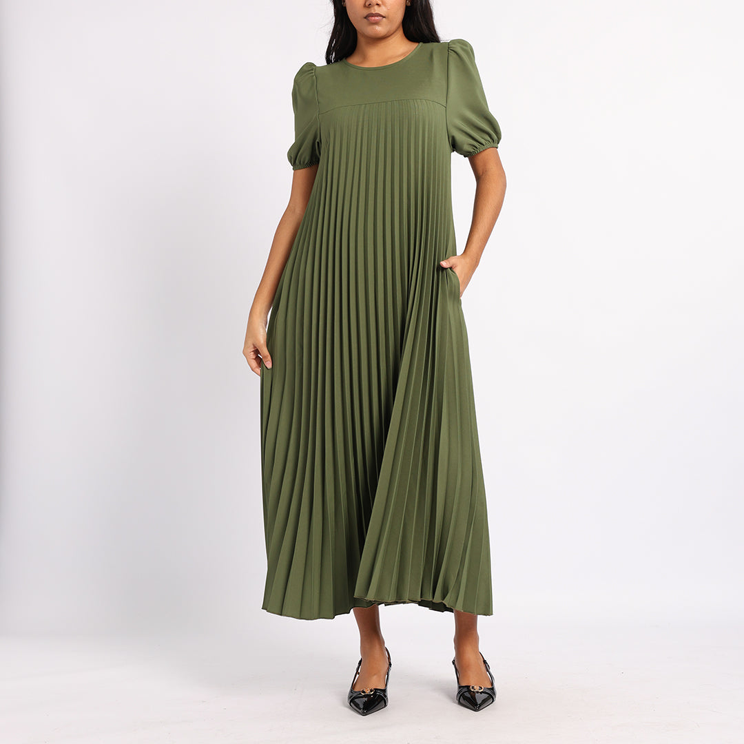 OLIVE PLEATED DRESS
