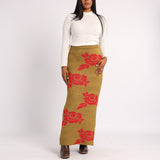 OLIVE KNITTED SKIRT WITH FLOWER PRINT