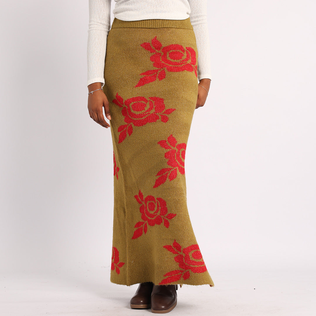 OLIVE KNITTED SKIRT WITH FLOWER PRINT