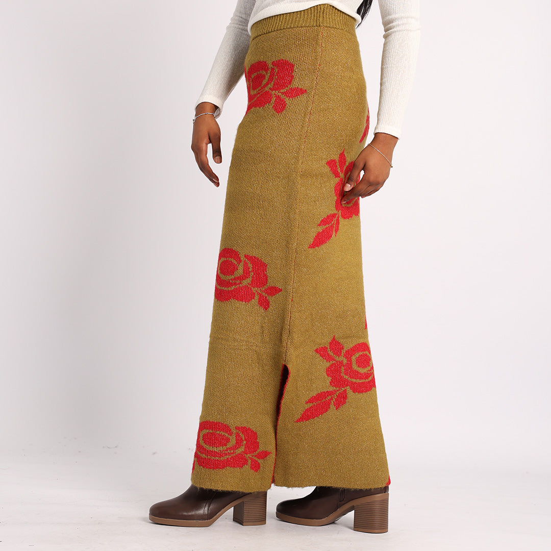 OLIVE KNITTED SKIRT WITH FLOWER PRINT