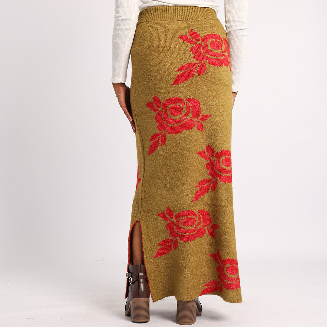 OLIVE KNITTED SKIRT WITH FLOWER PRINT