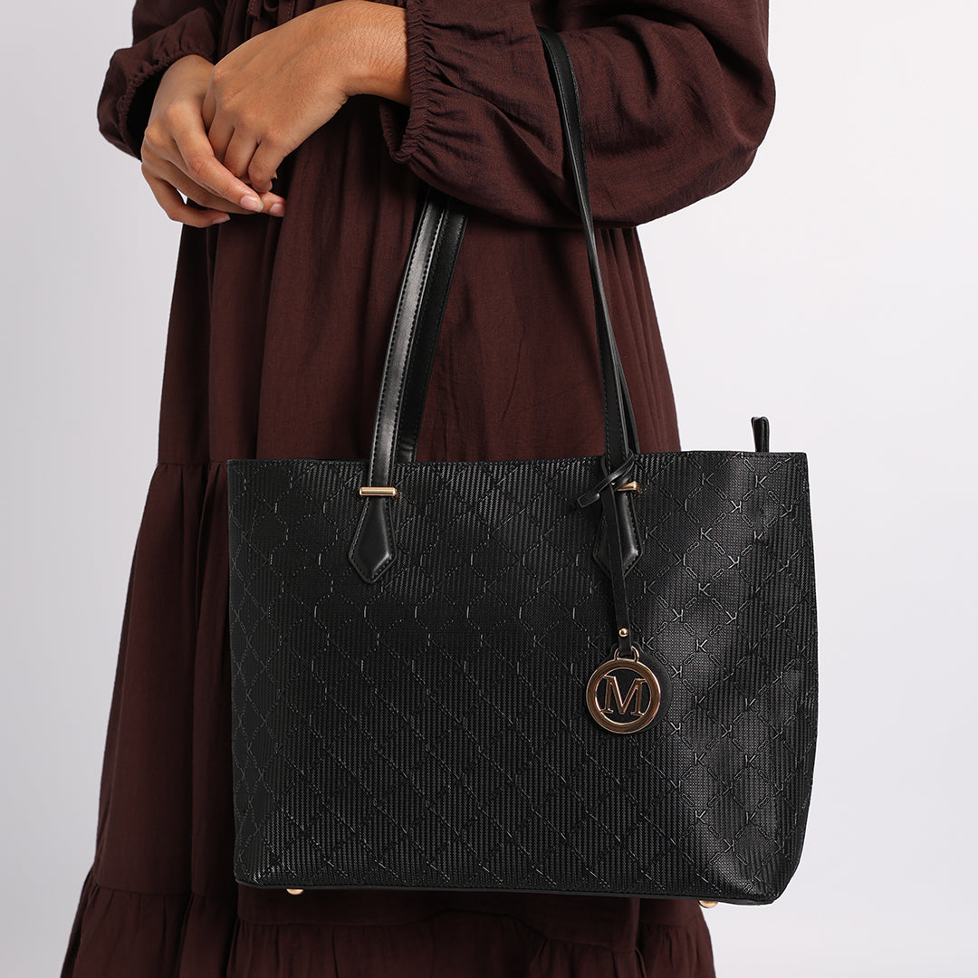 BLACK PU MONOGRAM HANDBAG