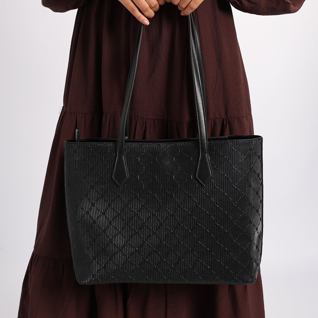 BLACK PU MONOGRAM HANDBAG