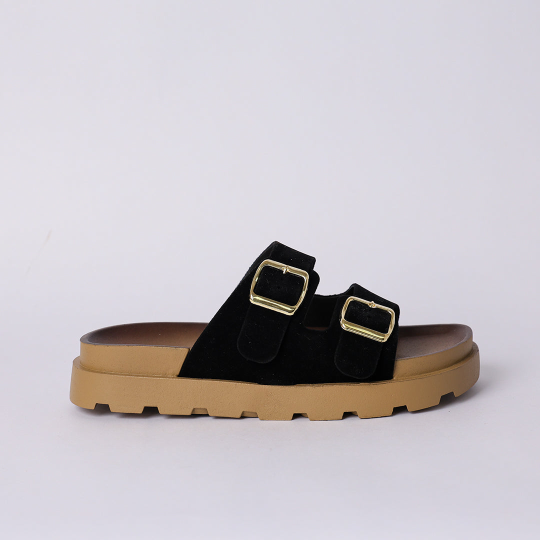 BLACK PLATFORM DOUBLE BUCKLE SANDAL
