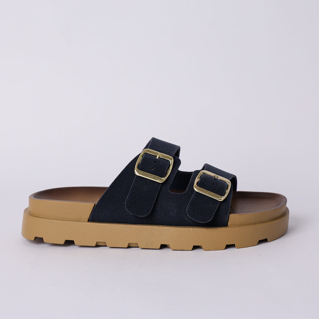 NAVY PLATFORM DOUBLE BUCKLE SANDAL
