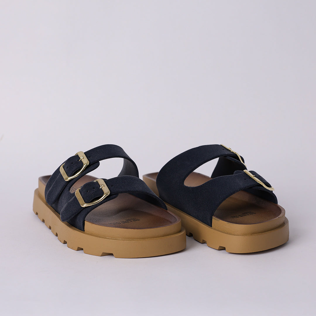 NAVY PLATFORM DOUBLE BUCKLE SANDAL
