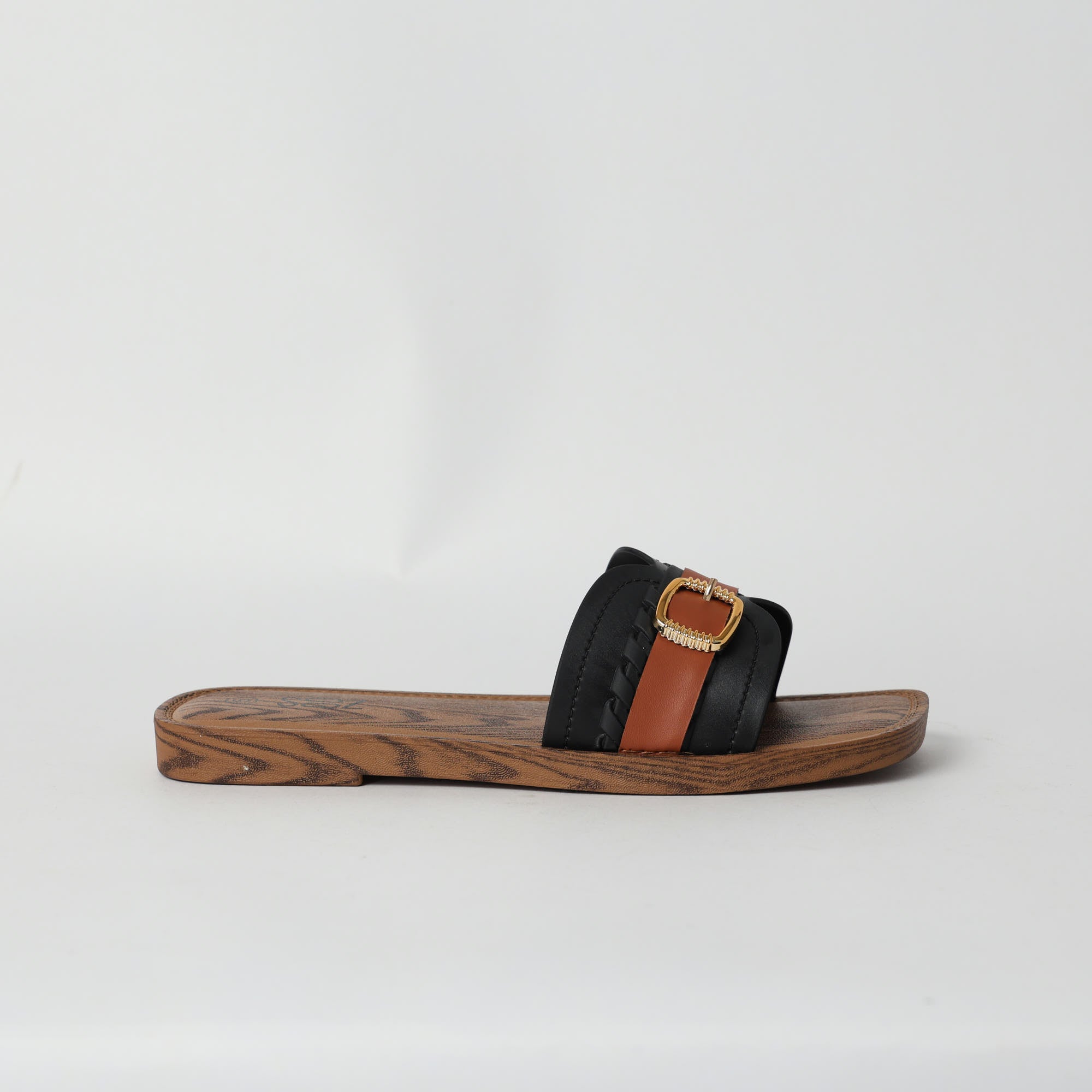 BLACK SQUARE TOE SANDAL (BUCKLE ON UPPER)