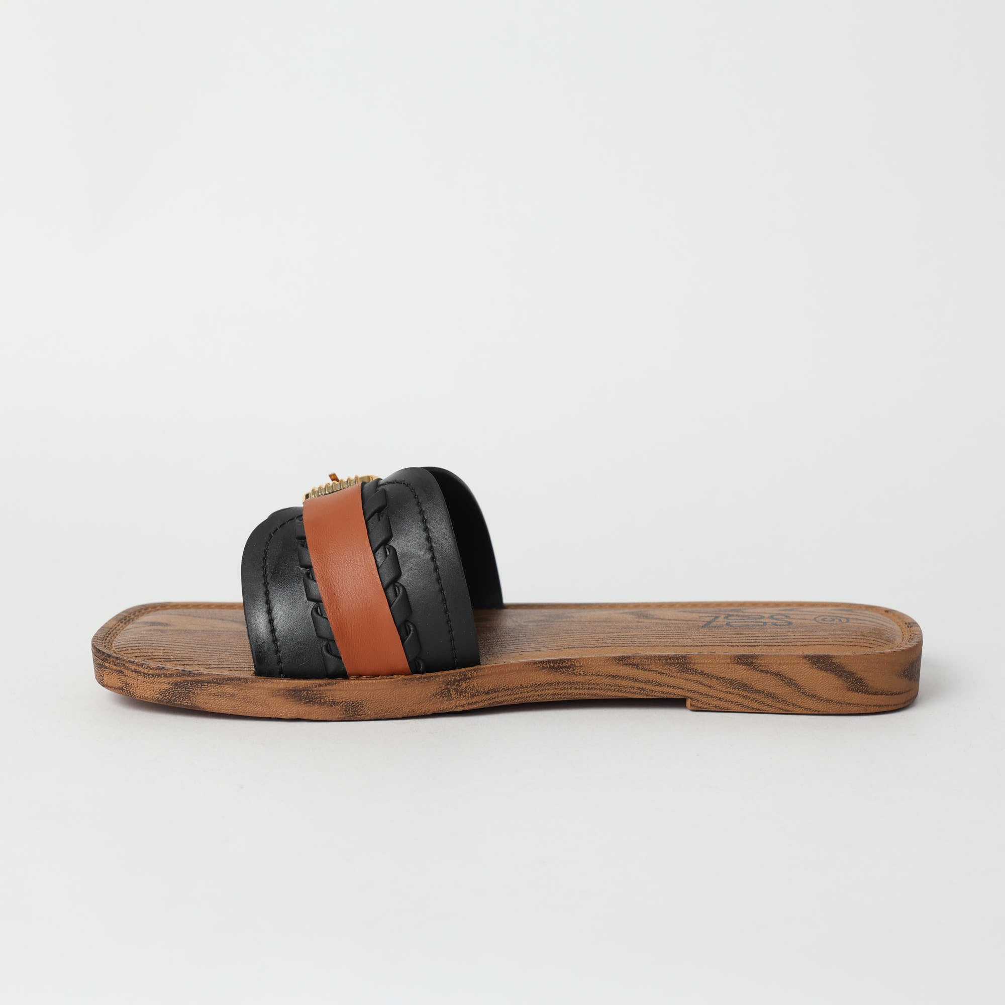 BLACK SQUARE TOE SANDAL (BUCKLE ON UPPER)