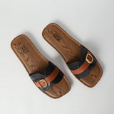 BLACK SQUARE TOE SANDAL (BUCKLE ON UPPER)