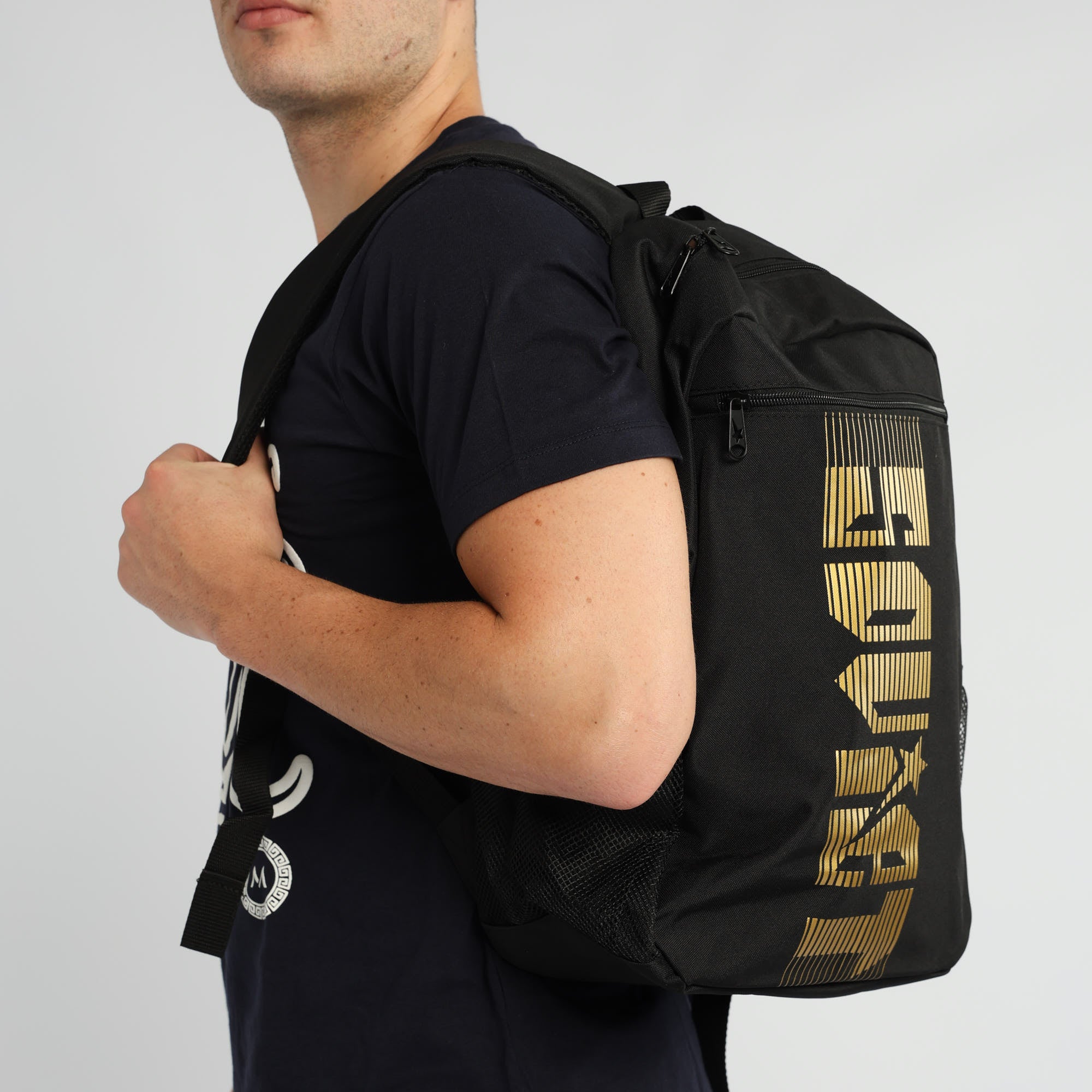 BLACK &amp; LT GOLD BACKPACK (FRONT LOGO, MULTI-COMPARTMENT)
