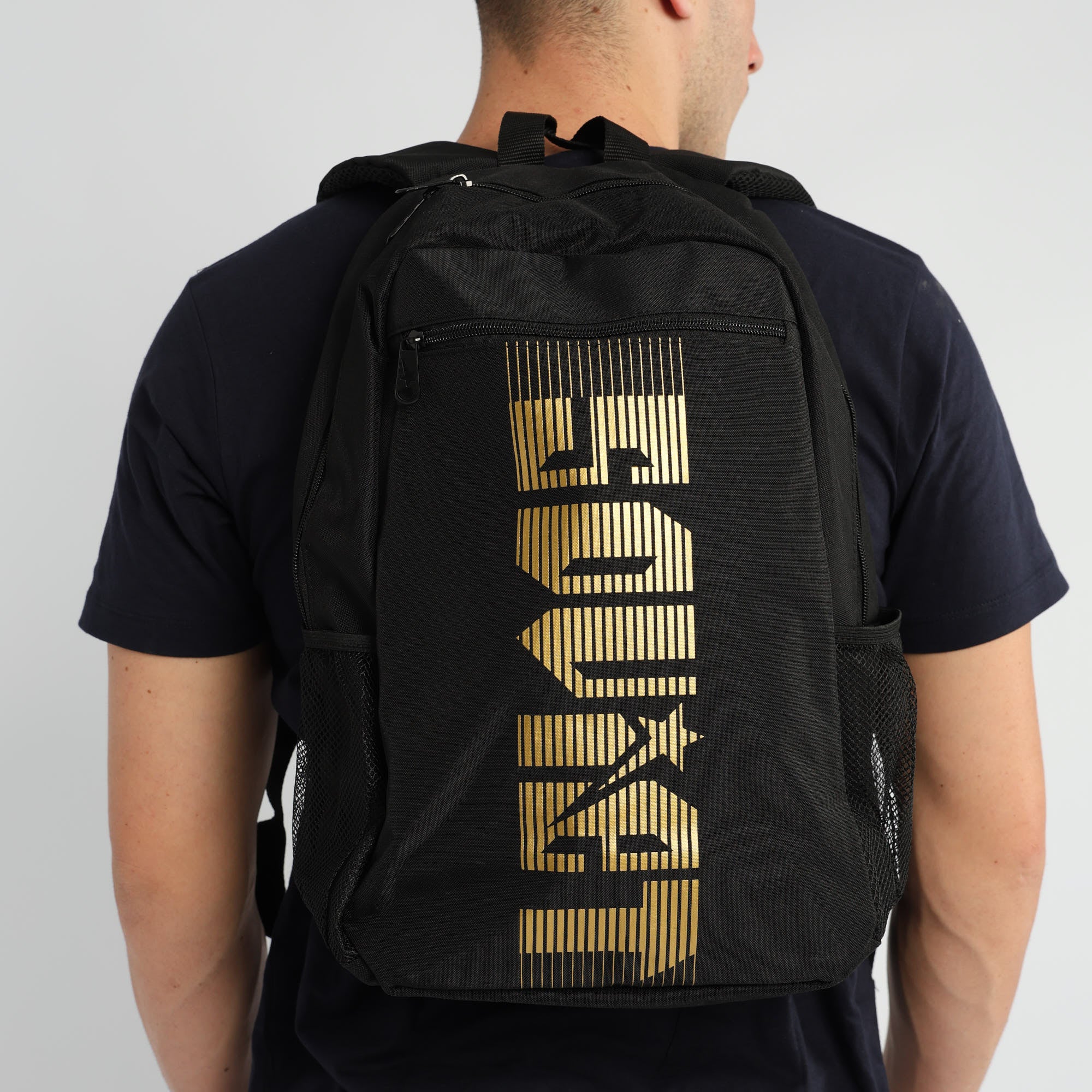 BLACK &amp; LT GOLD BACKPACK (FRONT LOGO, MULTI-COMPARTMENT)