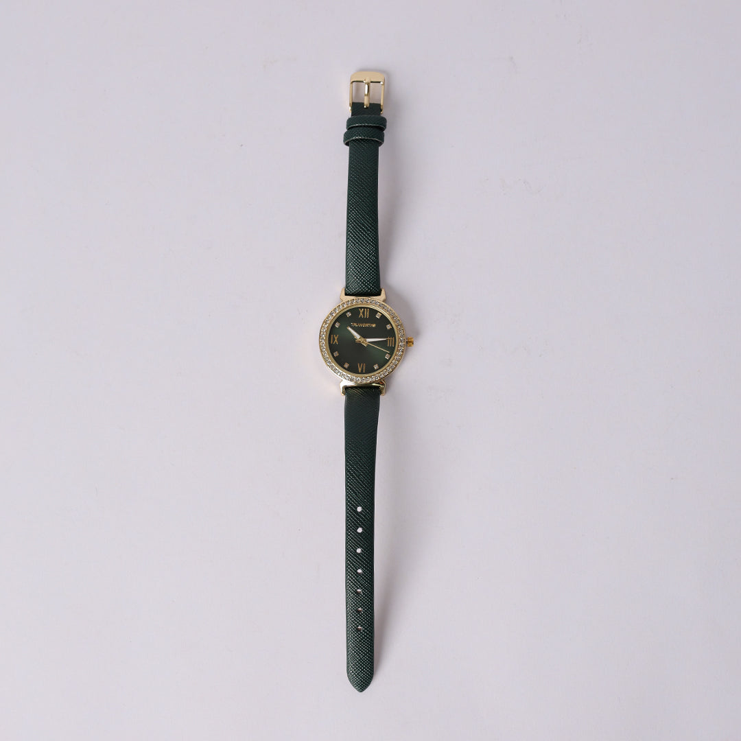 GREEN PU STRAP WATCH (GRN DIAL, GOLD TRIMS)