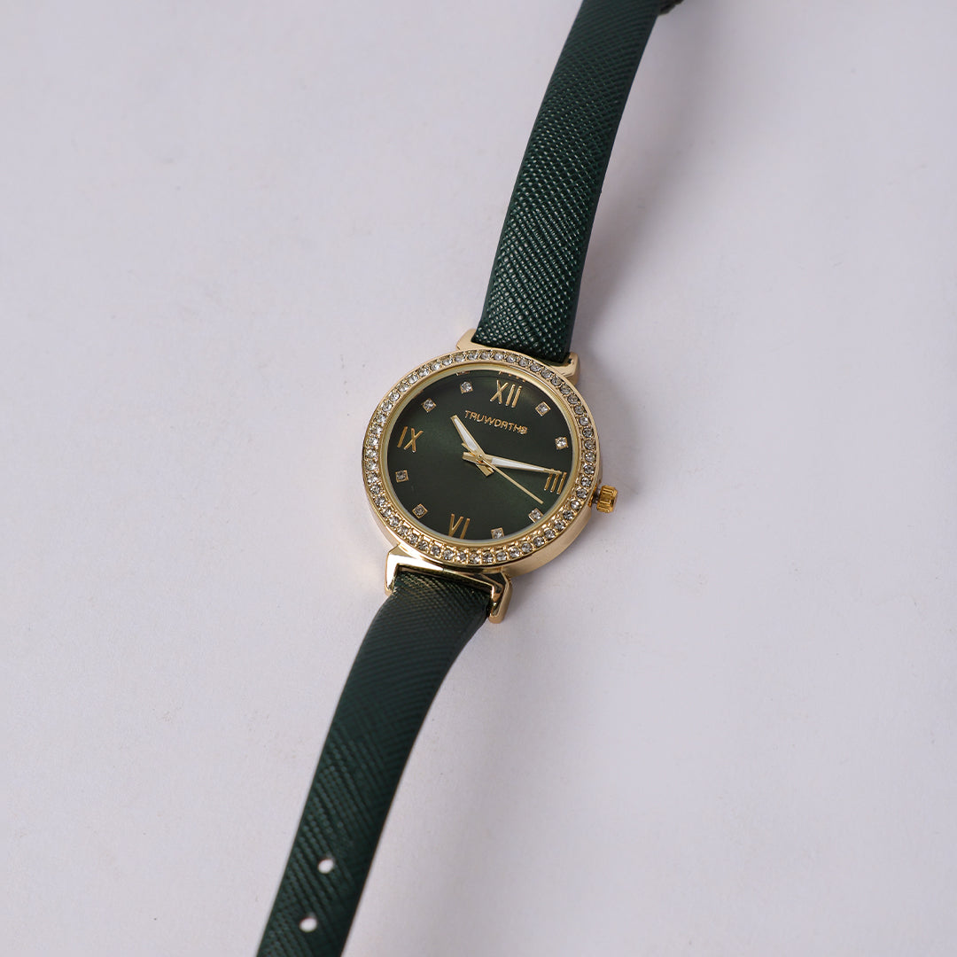 GREEN PU STRAP WATCH (GRN DIAL, GOLD TRIMS)
