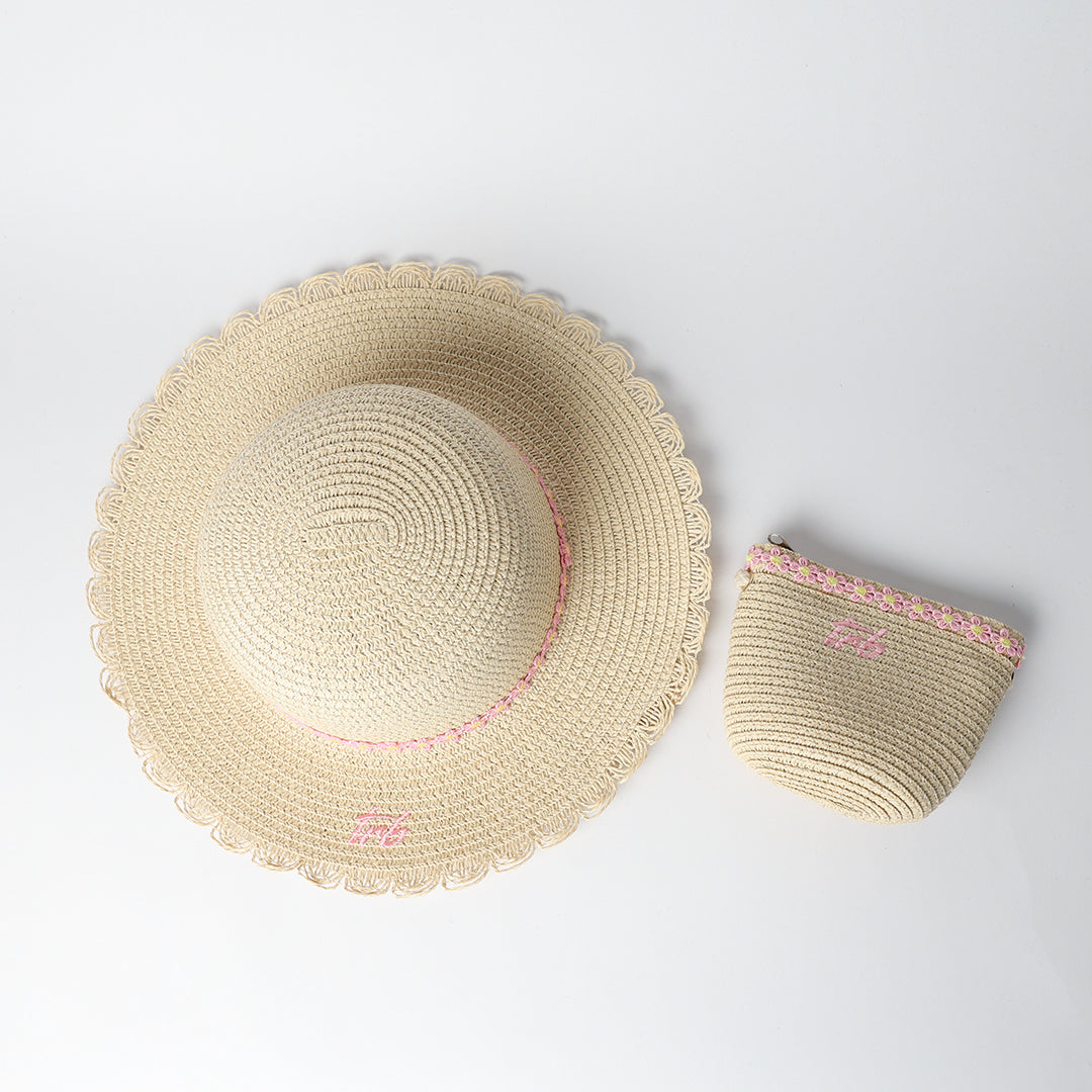 Straw and Bag Set.Pink Applique Flowers.