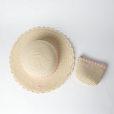Straw and Bag Set.Pink Applique Flowers.