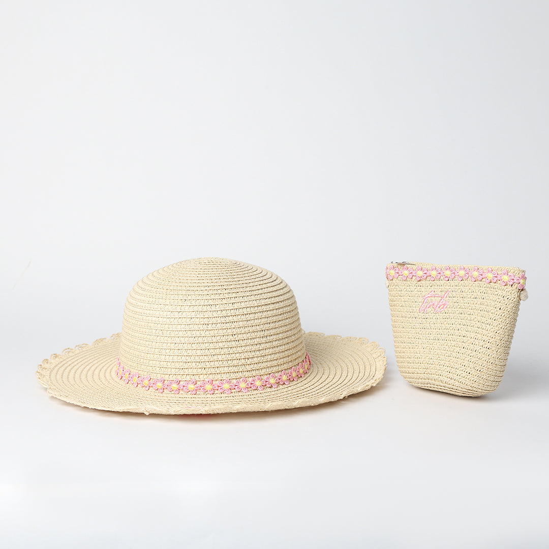 Straw and Bag Set.Pink Applique Flowers.