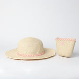 Straw and Bag Set.Pink Applique Flowers.