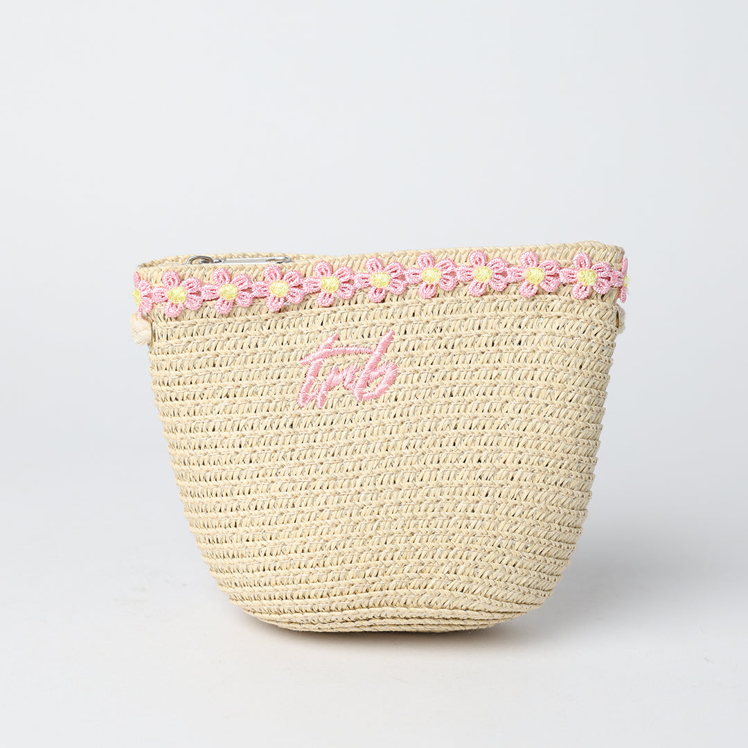 Straw and Bag Set.Pink Applique Flowers.