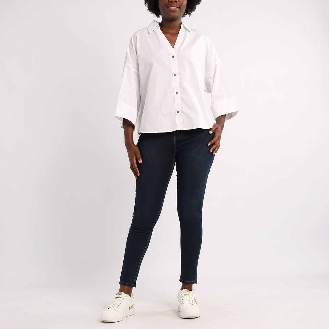 WHITE 3/4 SLEEVE BUTTON UP SHIRT