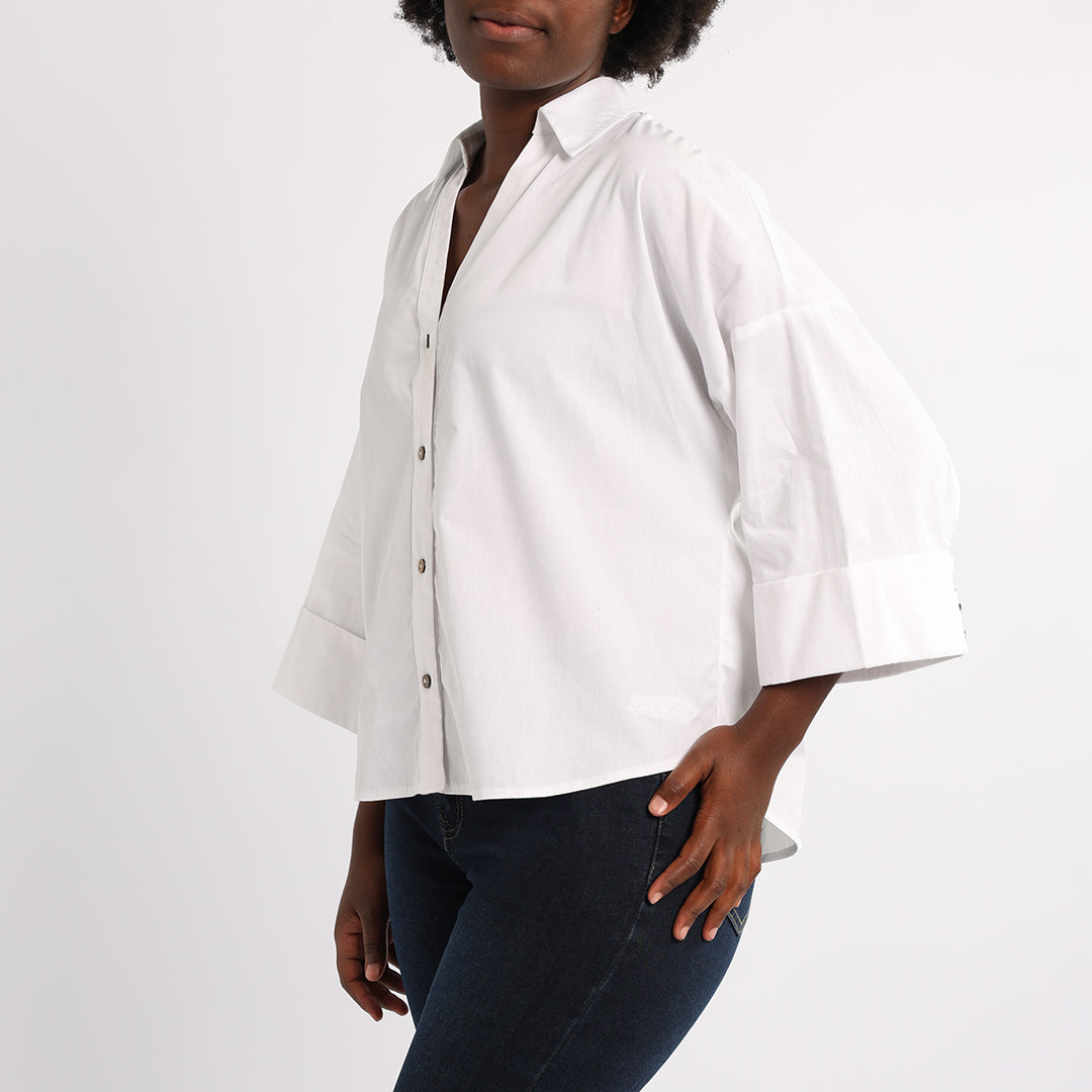 WHITE 3/4 SLEEVE BUTTON UP SHIRT