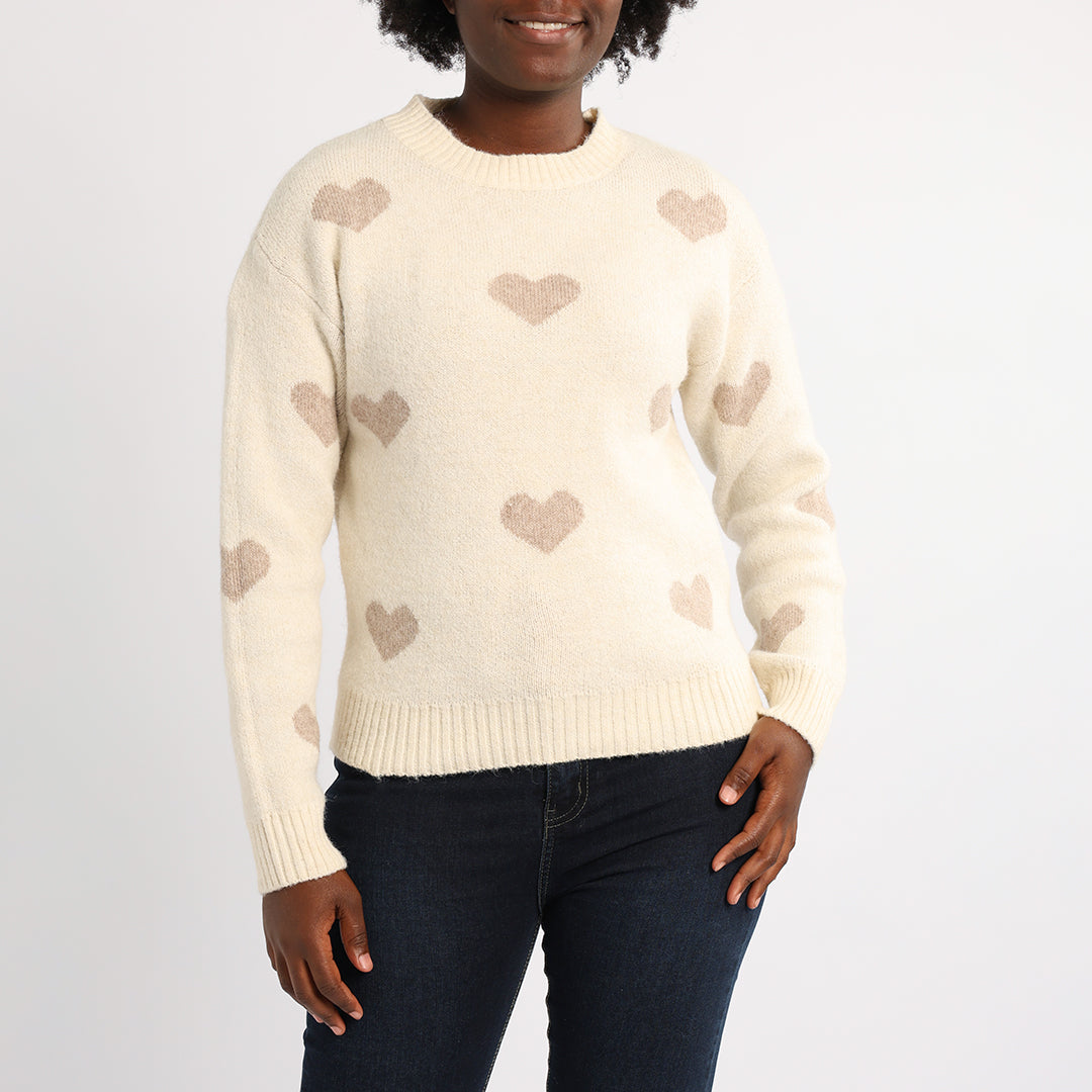 CREAM LONG SLEEVE JERSEY WITH HEART PRINT