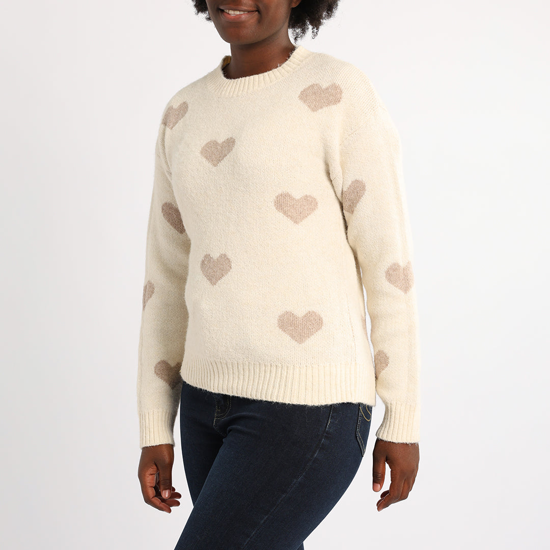CREAM LONG SLEEVE JERSEY WITH HEART PRINT