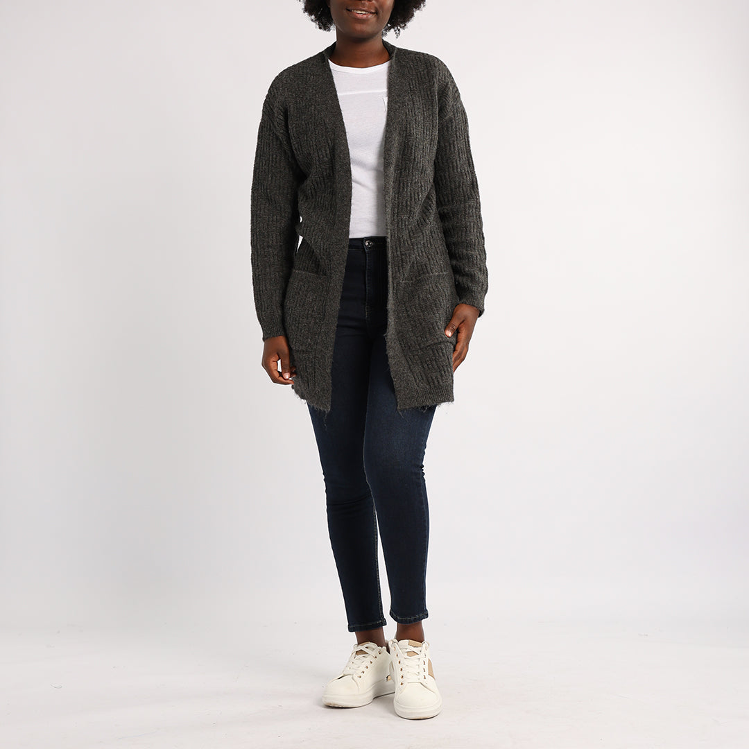 CHARCOAL LONG SLEEVE KNIT CARDIGAN