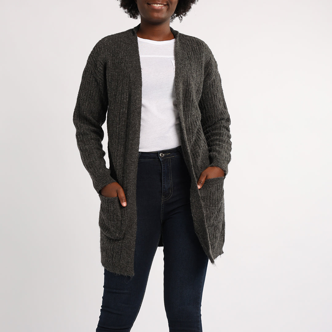 CHARCOAL LONG SLEEVE KNIT CARDIGAN