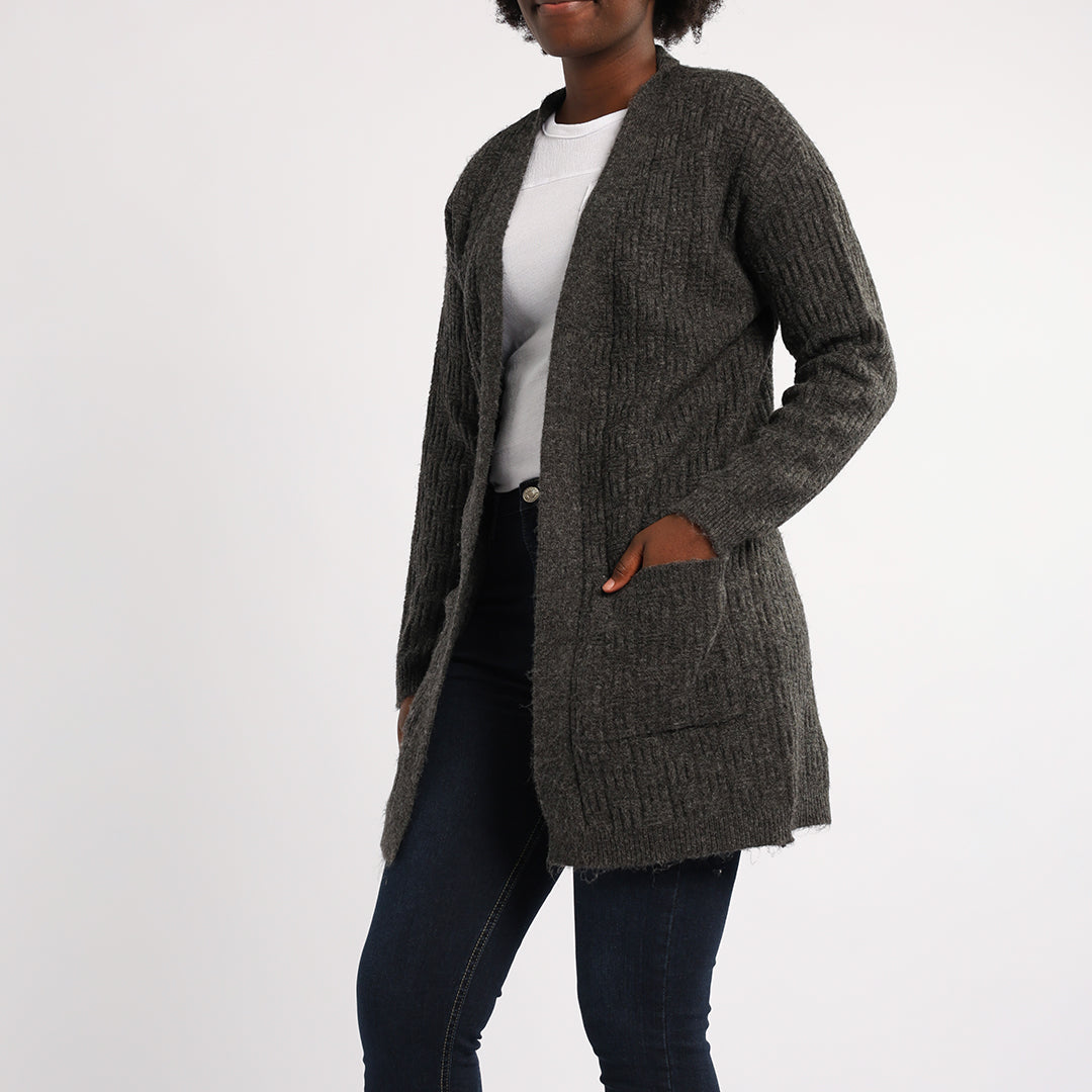 CHARCOAL LONG SLEEVE KNIT CARDIGAN